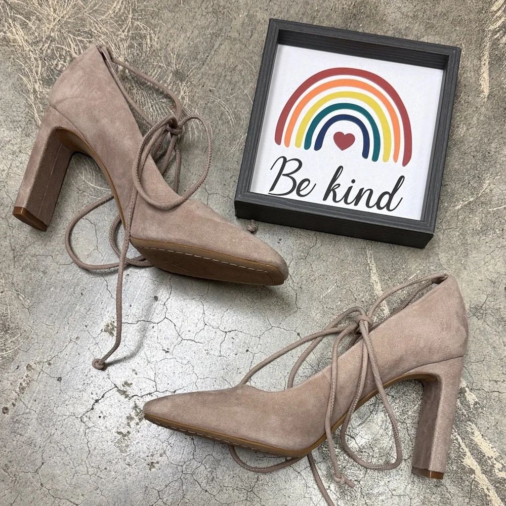 * Vince Camuto Suede Lace-Up Heels in Taupe